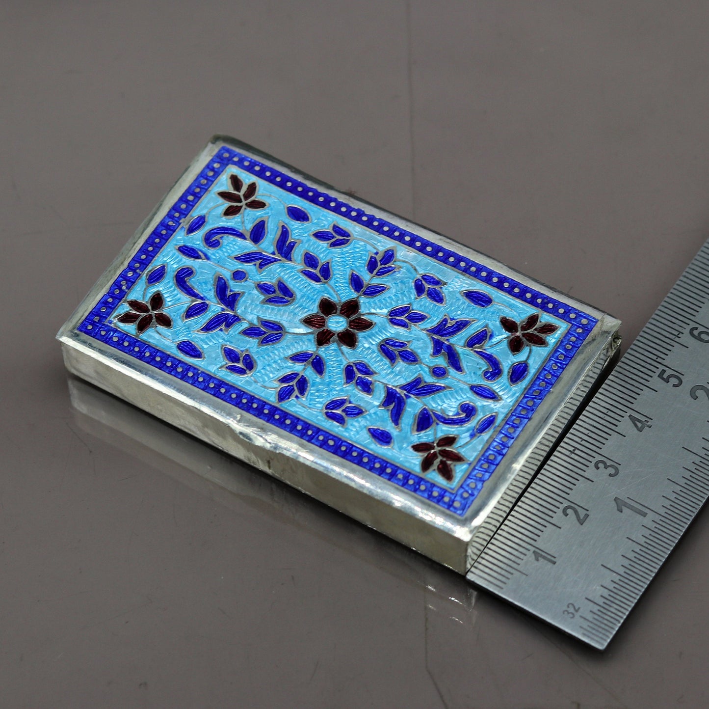 Handmade pure silver 925 sterling silver floral enamel work customize trinket, jewelry box, pills box, silver utensils brides gift stb29 - TRIBAL ORNAMENTS