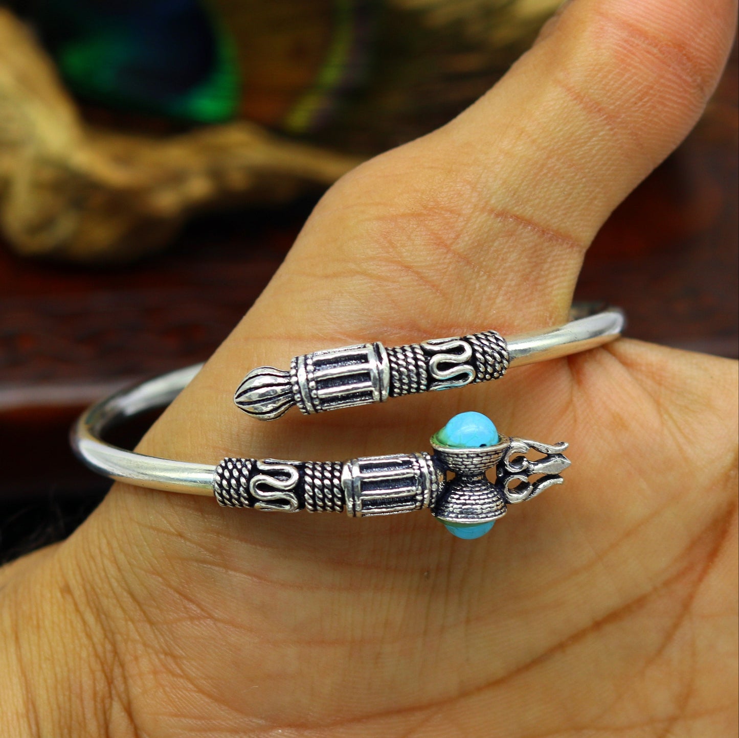 Pure 925 sterling silver blue turquoise stone bahubali shiva kada trishul kada bangle bracelet unisex vintage design jewelry gift nssk333 - TRIBAL ORNAMENTS