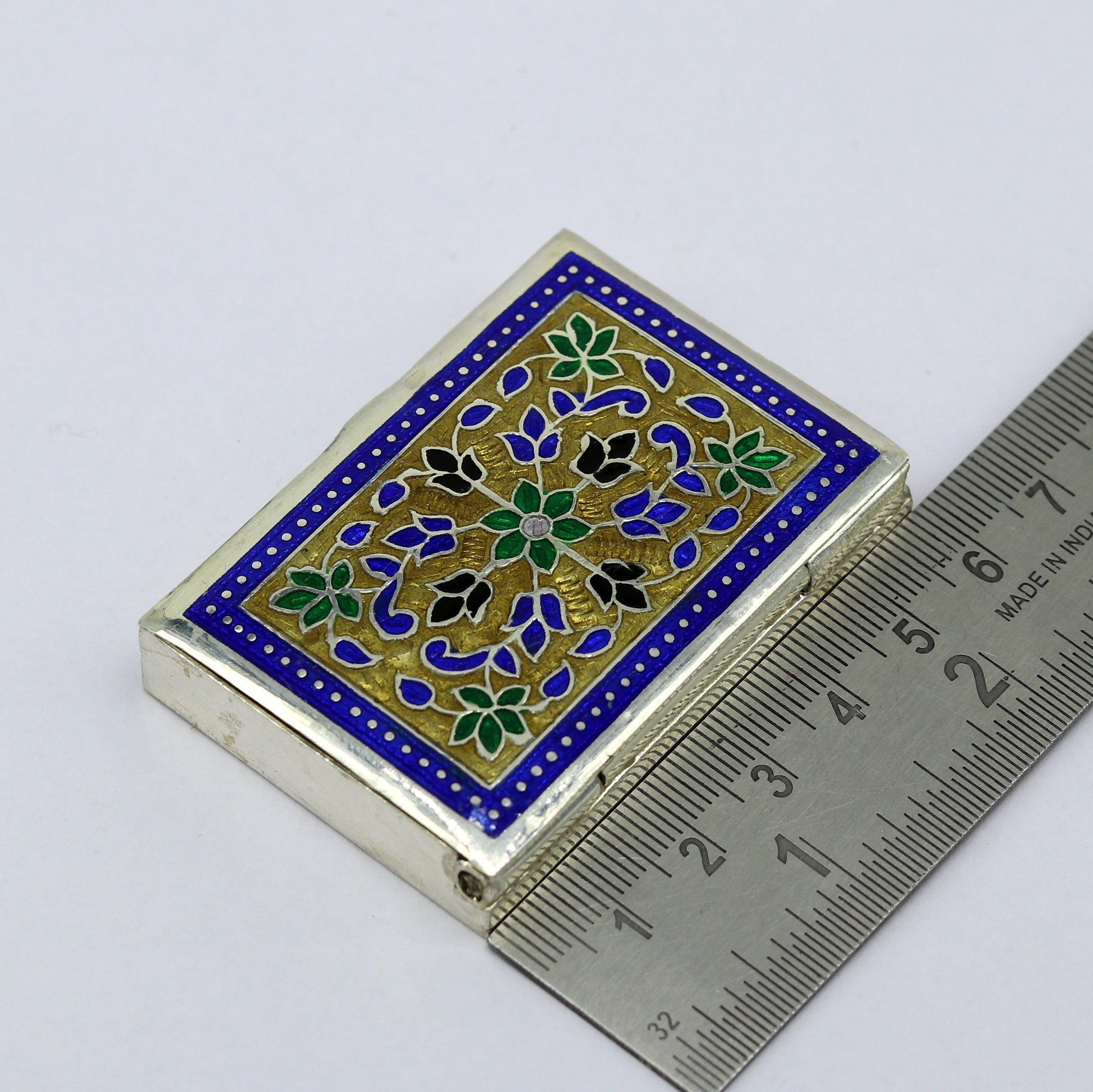 Awesome vintage style 925 pure silver green floral enamel work trinket box, jewelry box, pills box, silver articles brides gifting stb22 - TRIBAL ORNAMENTS