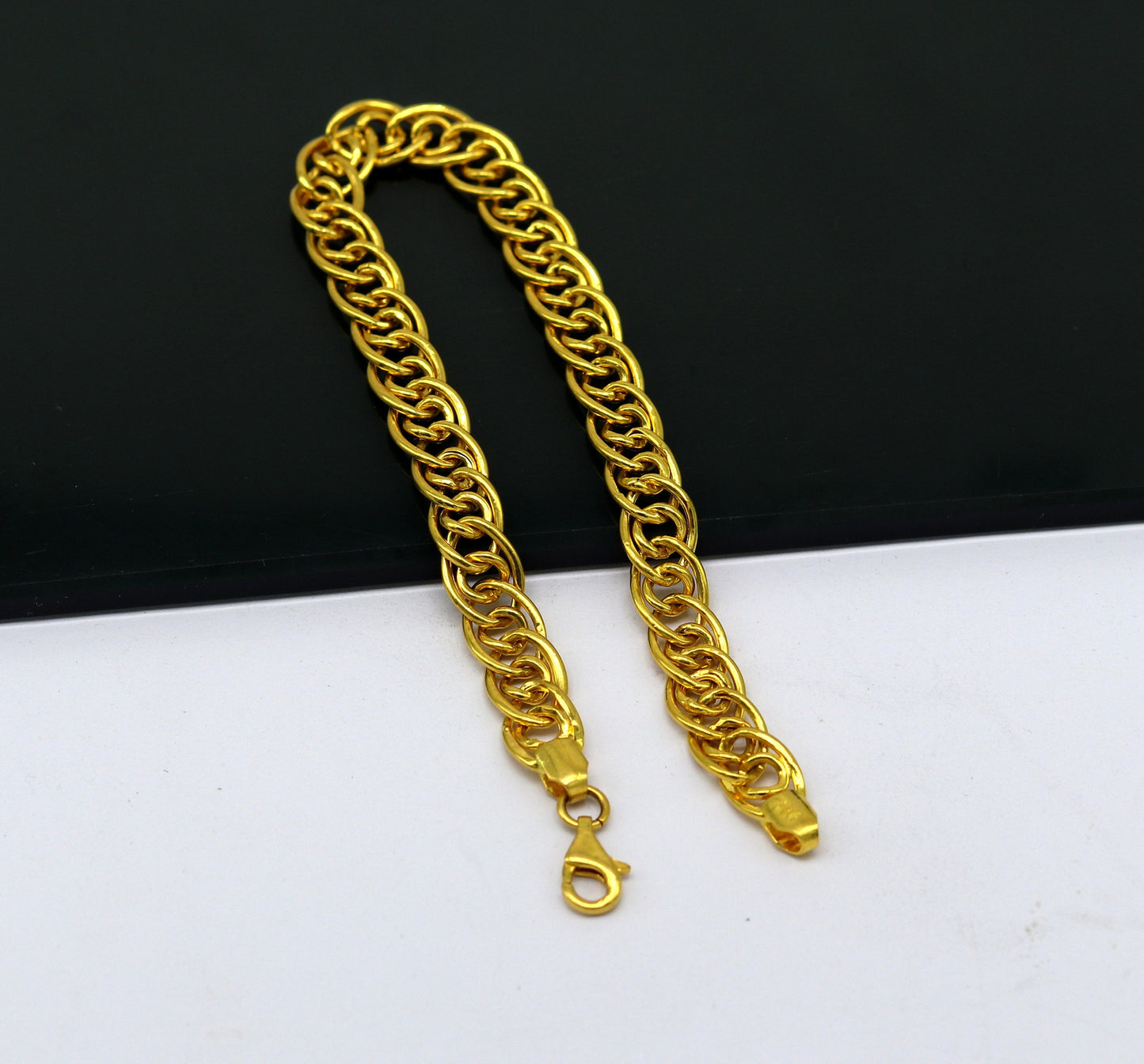 Exclusive 22kt yellow gold custom stylish double link chain design flexible bracelet, best gift unisex personalized gold fancy jewelry br45 - TRIBAL ORNAMENTS