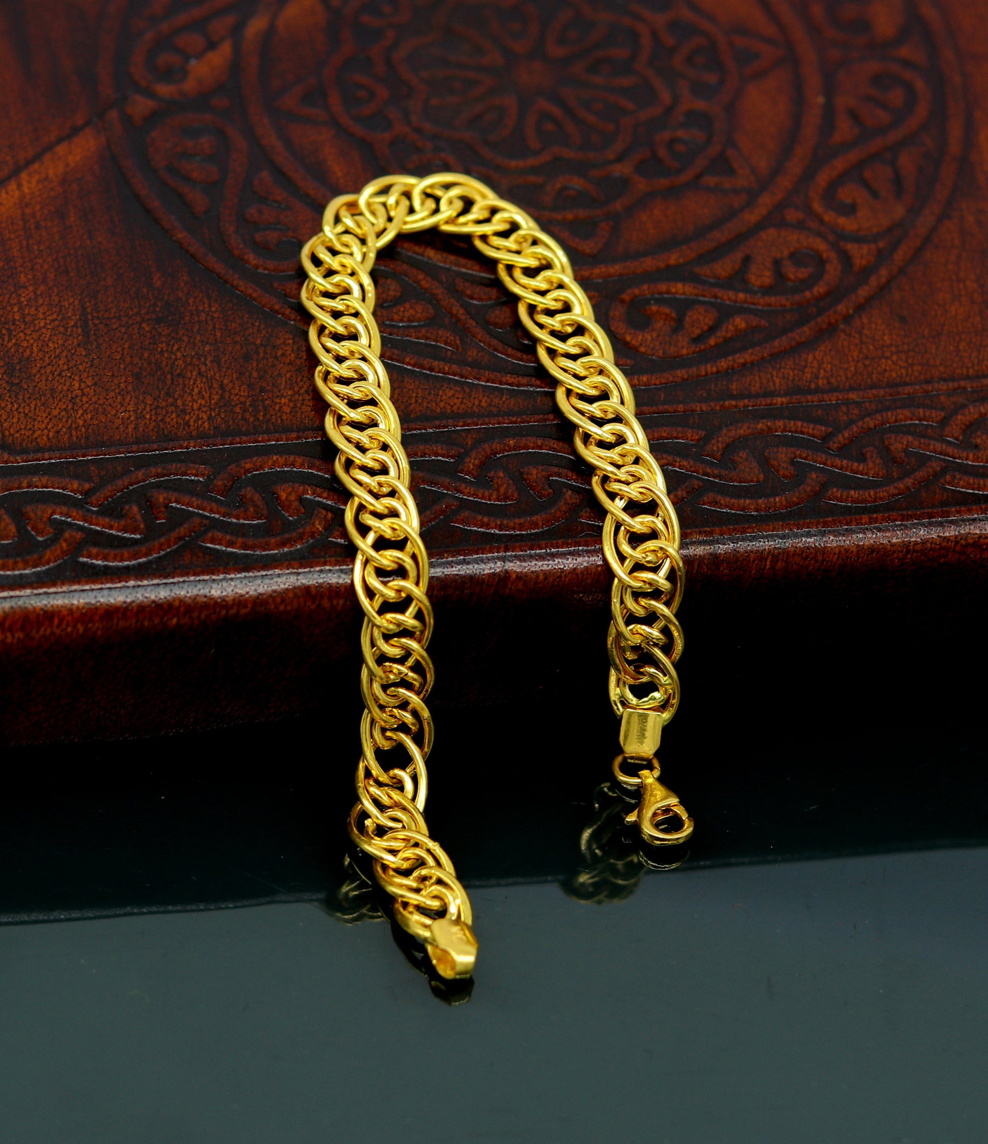 Exclusive 22kt yellow gold custom stylish double link chain design flexible bracelet, best gift unisex personalized gold fancy jewelry br45 - TRIBAL ORNAMENTS