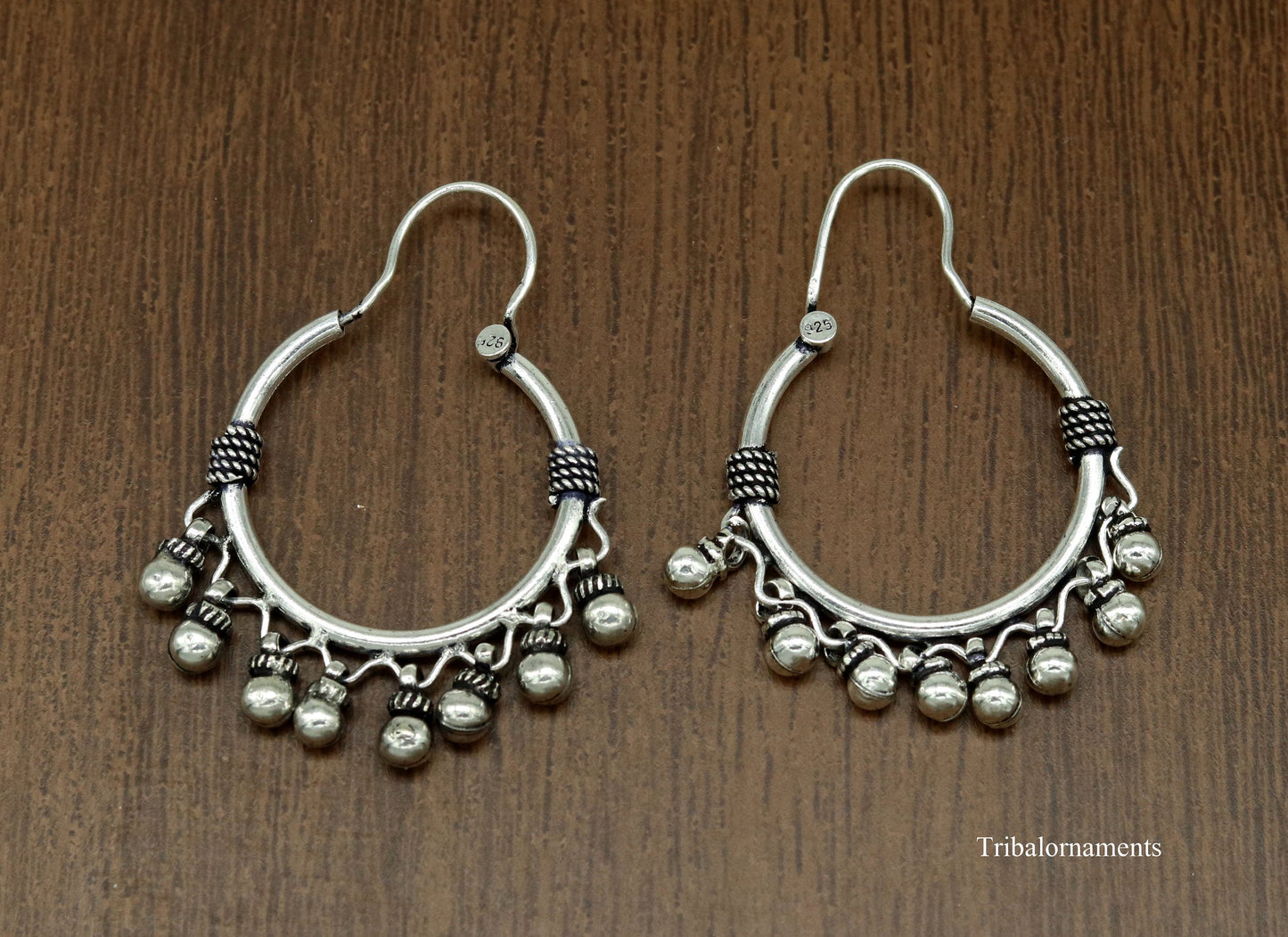 Vintage antique design handmade 925 sterling silver gorgeous hoops boho earrings bali with hanging drop bells tribal Banjara jewelry s897 - TRIBAL ORNAMENTS