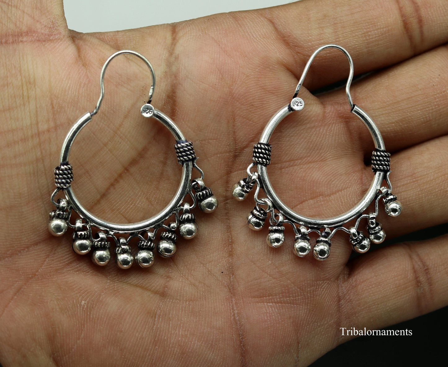 Vintage antique design handmade 925 sterling silver gorgeous hoops boho earrings bali with hanging drop bells tribal Banjara jewelry s897 - TRIBAL ORNAMENTS