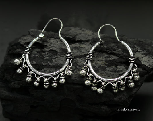 Vintage antique design handmade 925 sterling silver gorgeous hoops boho earrings bali with hanging drop bells tribal Banjara jewelry s897 - TRIBAL ORNAMENTS
