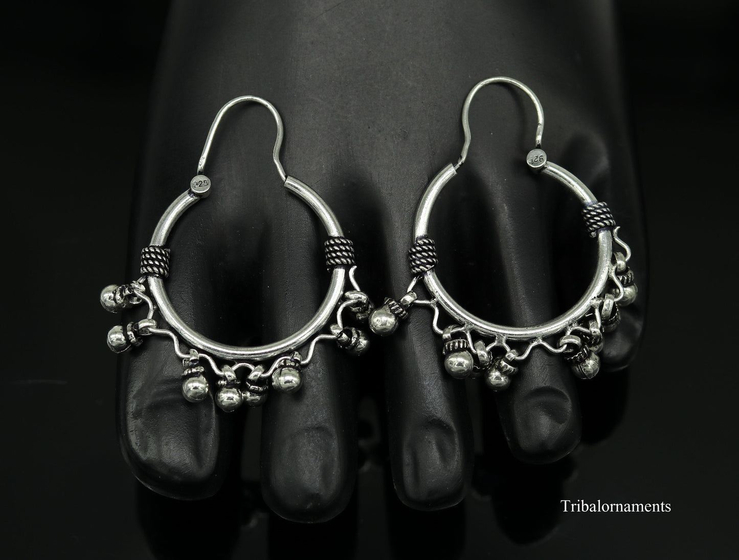 Vintage antique design handmade 925 sterling silver gorgeous hoops boho earrings bali with hanging drop bells tribal Banjara jewelry s897 - TRIBAL ORNAMENTS