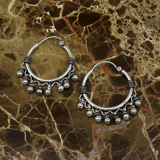 Genuine 925 Sterling silver handmade fabulous hoops earrings with hanging bells amazing antique earrings jewelry for girl's ear545 - TRIBAL ORNAMENTS