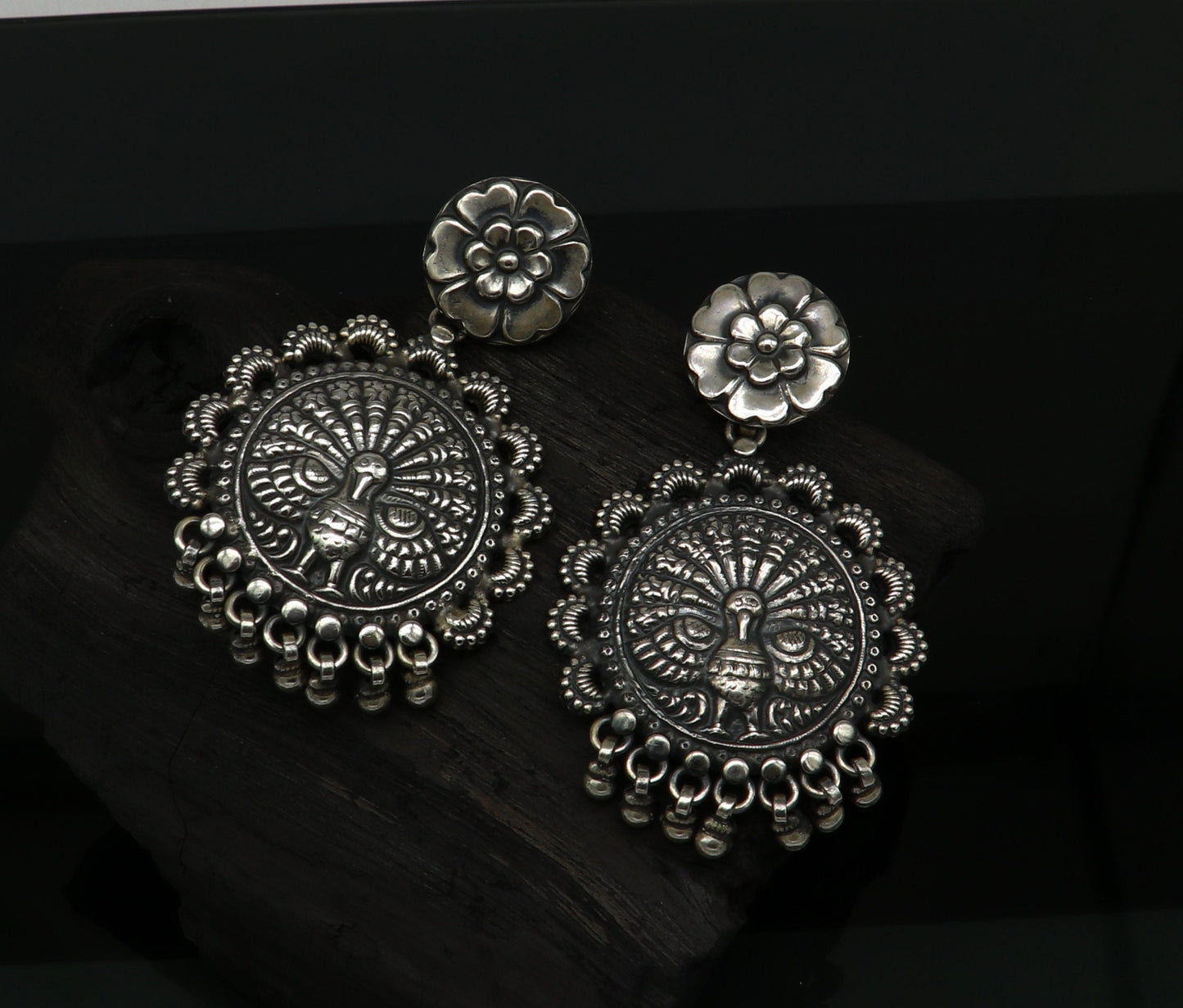 925 sterling silver handmade customized peacock design stud earring, hanging drops pearl, drop dangle wedding brides gift earring ear515 - TRIBAL ORNAMENTS