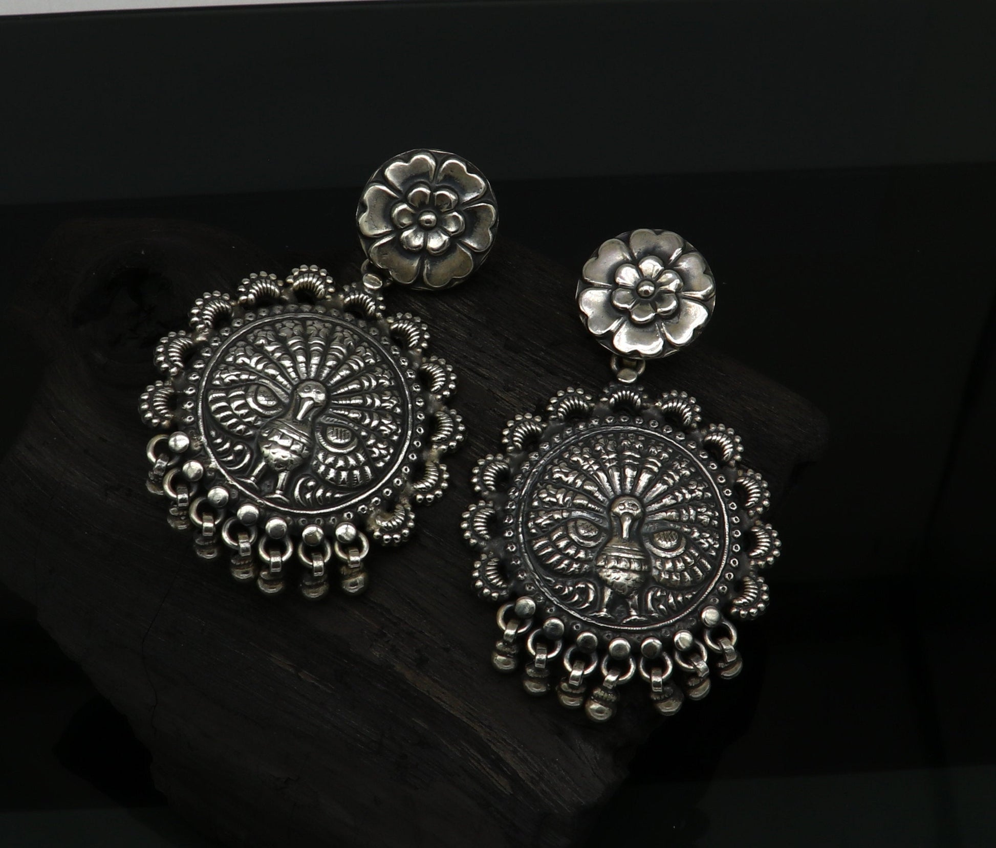925 sterling silver handmade customized peacock design stud earring, hanging drops pearl, drop dangle wedding brides gift earring ear515 - TRIBAL ORNAMENTS