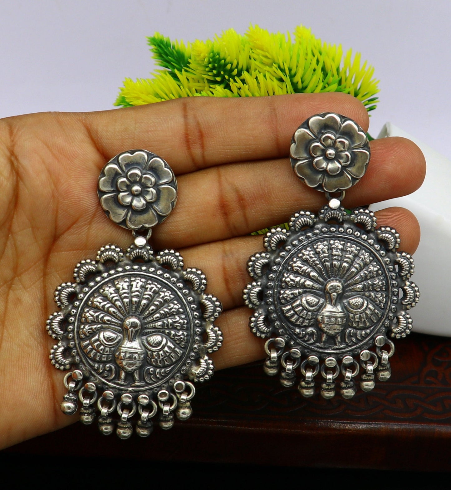 925 sterling silver handmade customized peacock design stud earring, hanging drops pearl, drop dangle wedding brides gift earring ear515 - TRIBAL ORNAMENTS