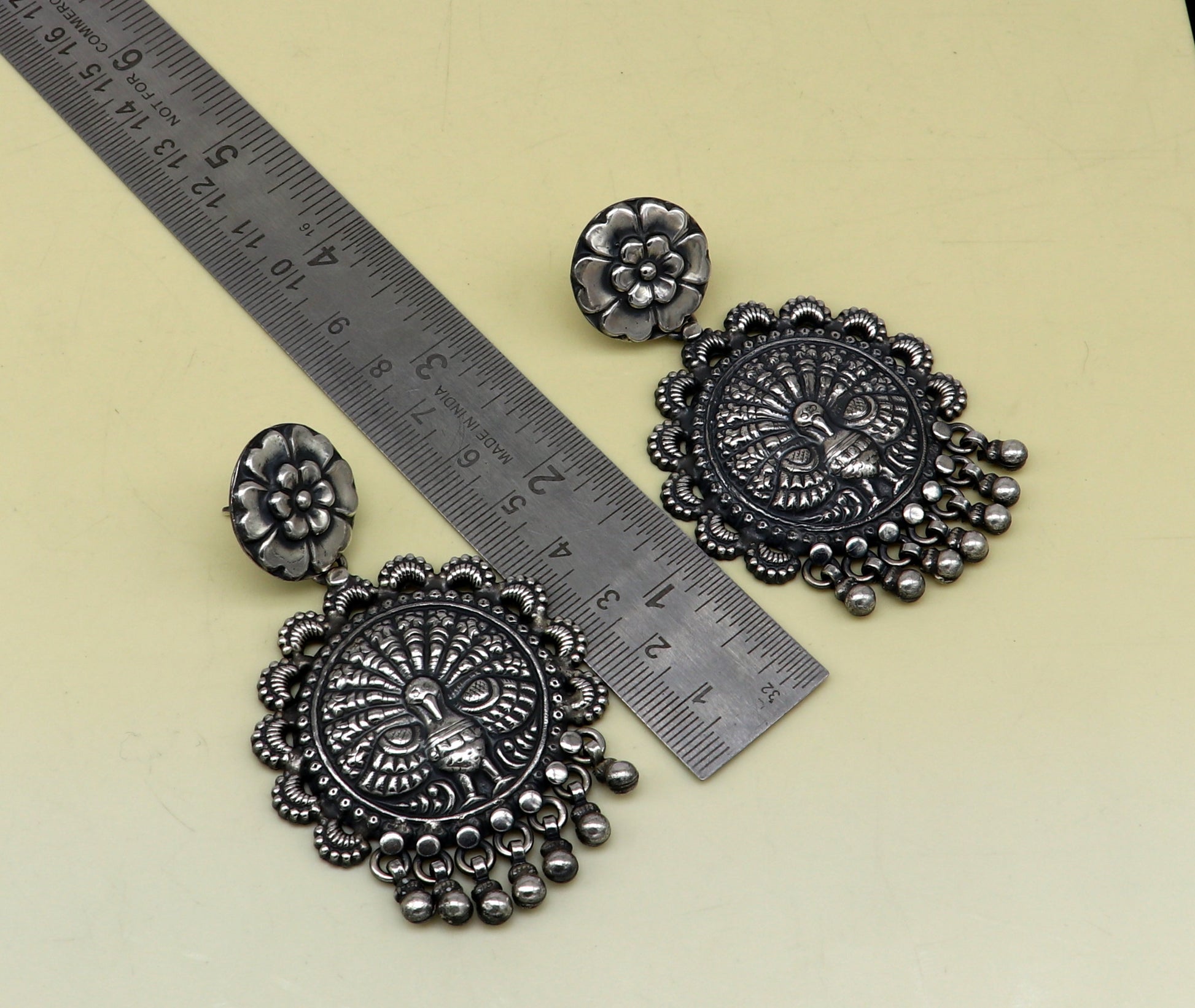 925 sterling silver handmade customized peacock design stud earring, hanging drops pearl, drop dangle wedding brides gift earring ear515 - TRIBAL ORNAMENTS
