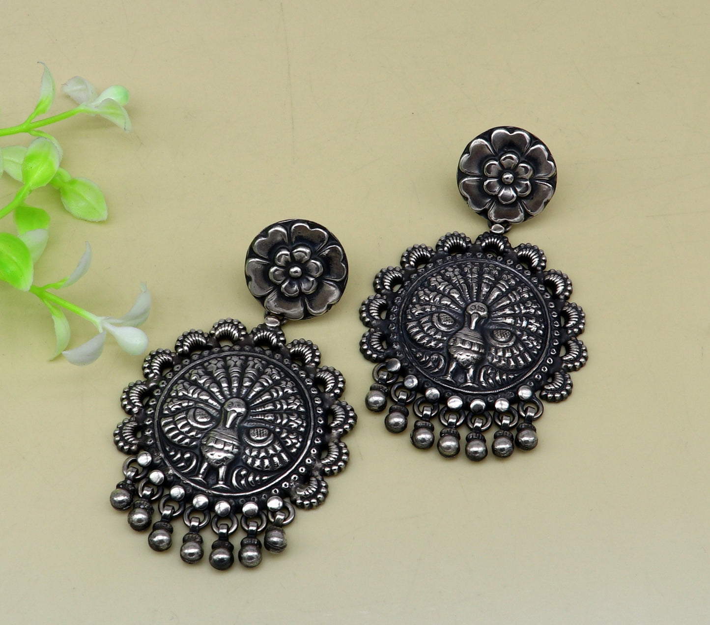 925 sterling silver handmade customized peacock design stud earring, hanging drops pearl, drop dangle wedding brides gift earring ear515 - TRIBAL ORNAMENTS