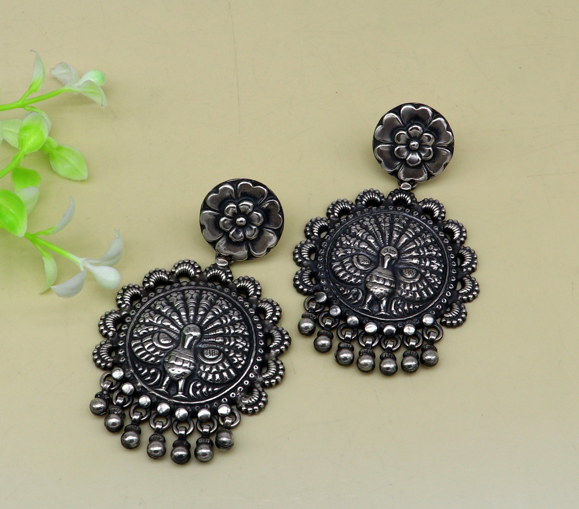 925 sterling silver handmade customized peacock design stud earring, hanging drops pearl, drop dangle wedding brides gift earring ear515 - TRIBAL ORNAMENTS