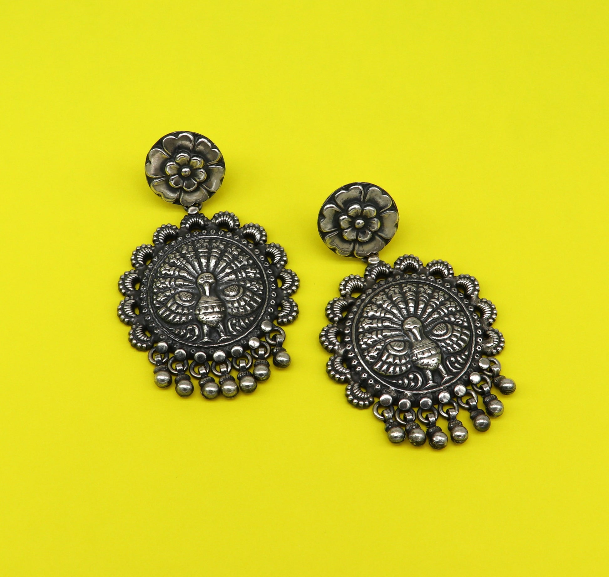 925 sterling silver handmade customized peacock design stud earring, hanging drops pearl, drop dangle wedding brides gift earring ear515 - TRIBAL ORNAMENTS