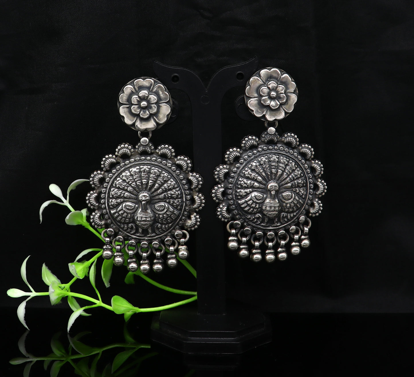 925 sterling silver handmade customized peacock design stud earring, hanging drops pearl, drop dangle wedding brides gift earring ear515 - TRIBAL ORNAMENTS