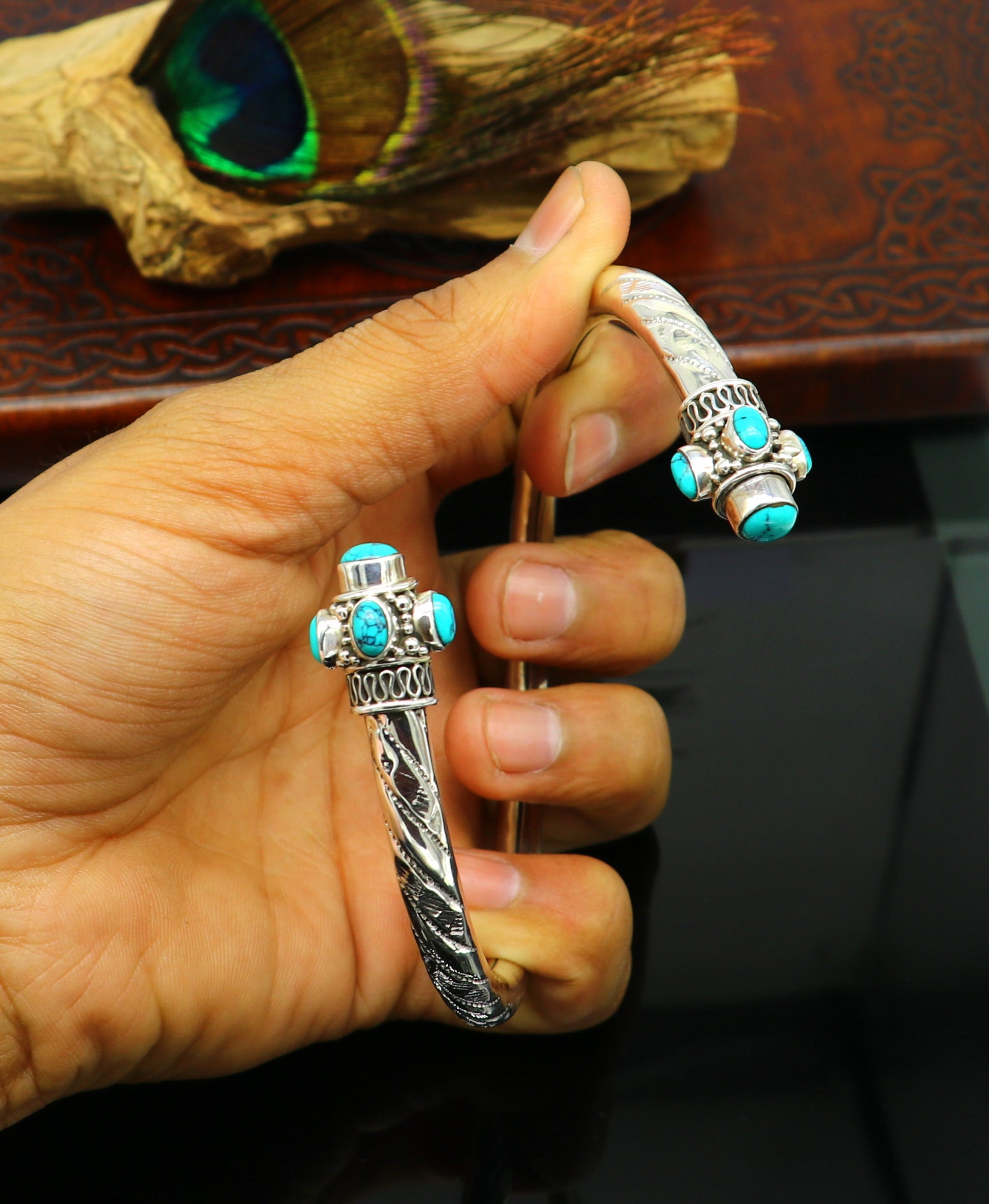 Stylish customized design Ankle kada, ankle bangle bracelet with gorgeous turquoise stone, amazing brides made wedding gifting anklets sak15 - TRIBAL ORNAMENTS