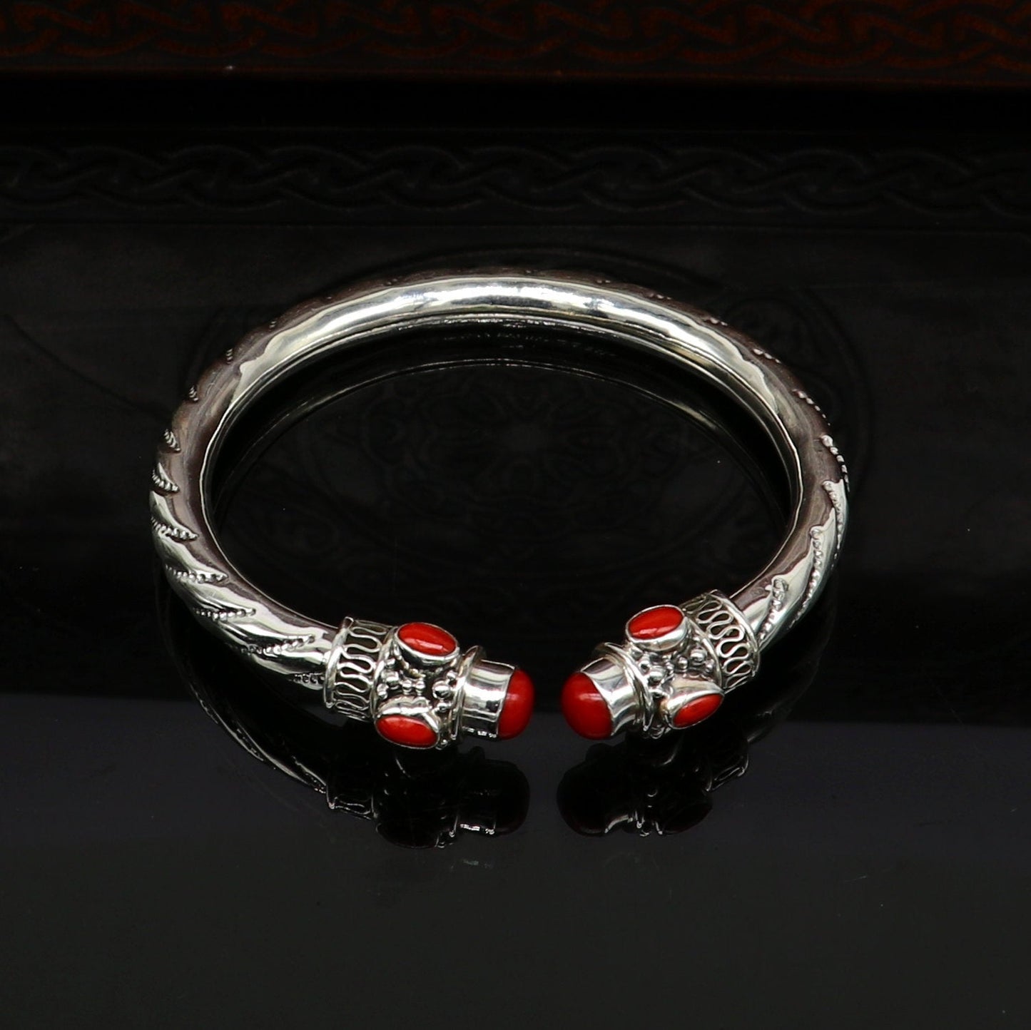 Exclusive red coral stone customized 925 sterling silver men's and women's bangle cuff bracelet, gorgeous gifting jewelry india nssk313 - TRIBAL ORNAMENTS