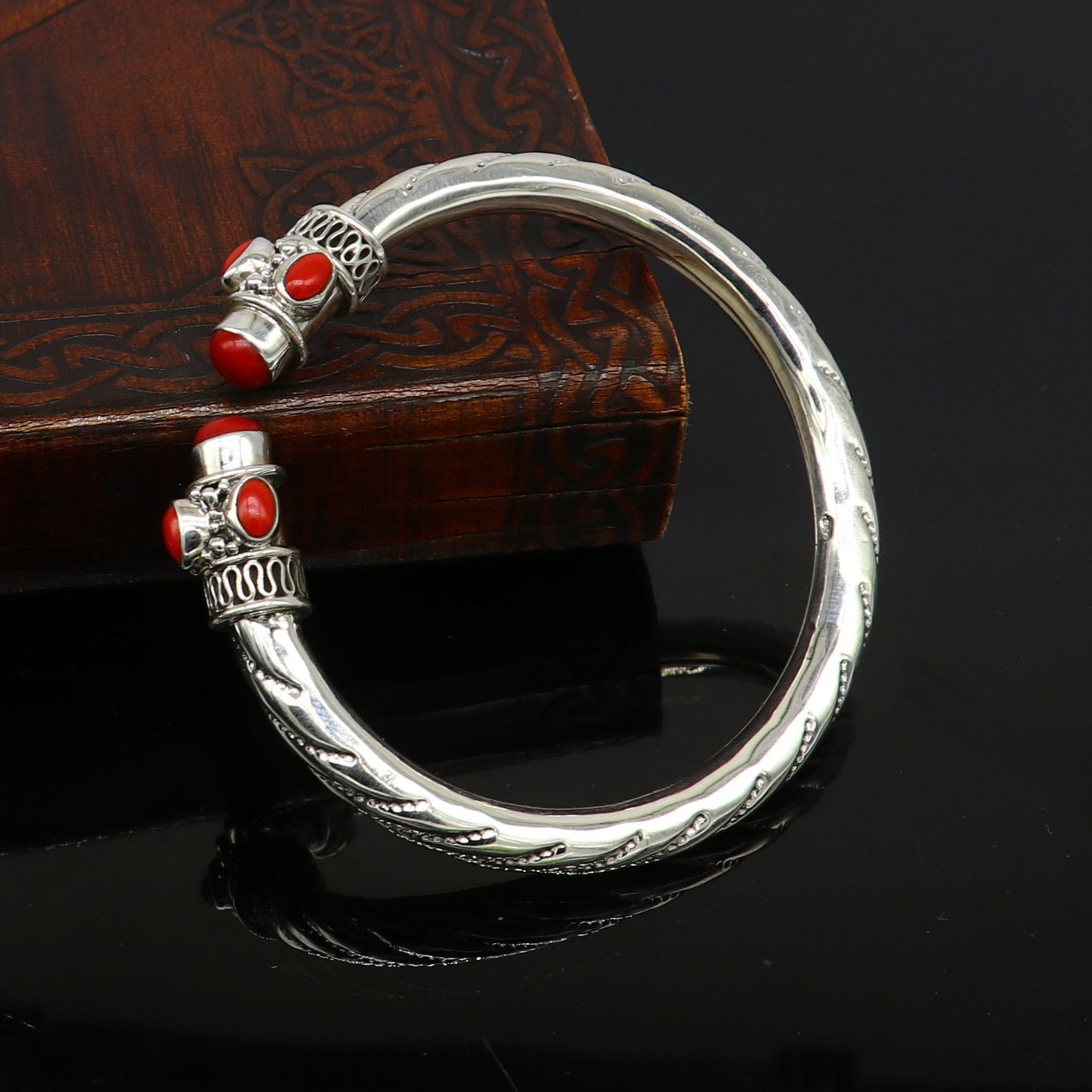 Exclusive red coral stone customized 925 sterling silver men's and women's bangle cuff bracelet, gorgeous gifting jewelry india nssk313 - TRIBAL ORNAMENTS