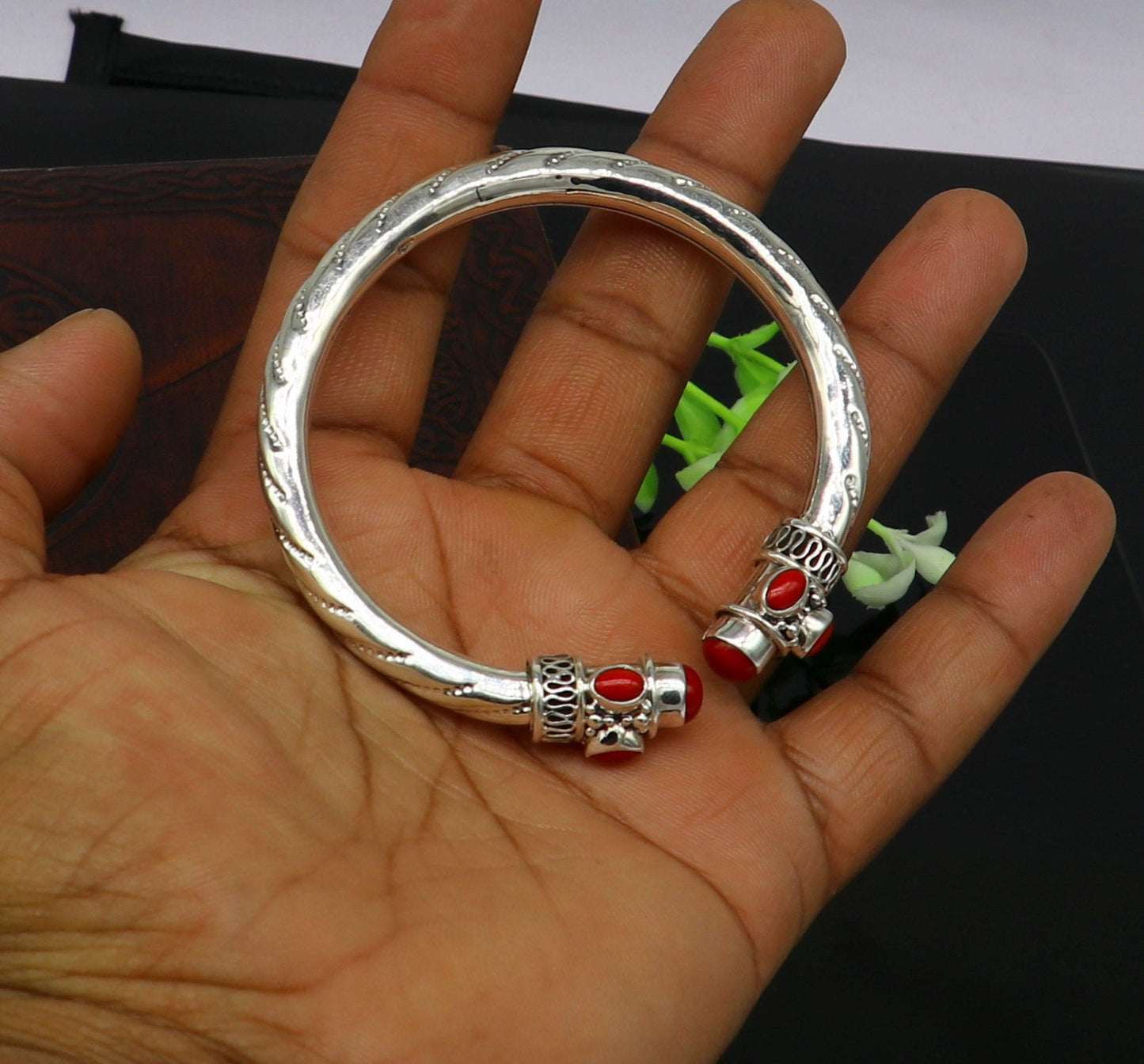 Exclusive red coral stone customized 925 sterling silver men's and women's bangle cuff bracelet, gorgeous gifting jewelry india nssk313 - TRIBAL ORNAMENTS