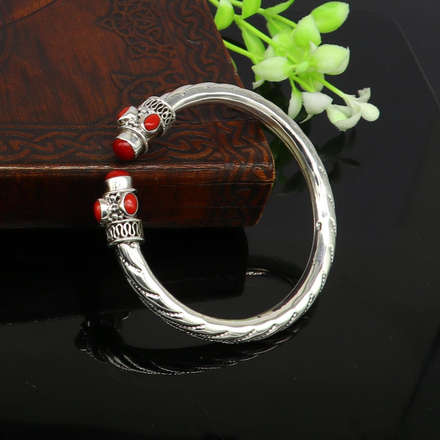 Exclusive red coral stone customized 925 sterling silver men's and women's bangle cuff bracelet, gorgeous gifting jewelry india nssk313 - TRIBAL ORNAMENTS