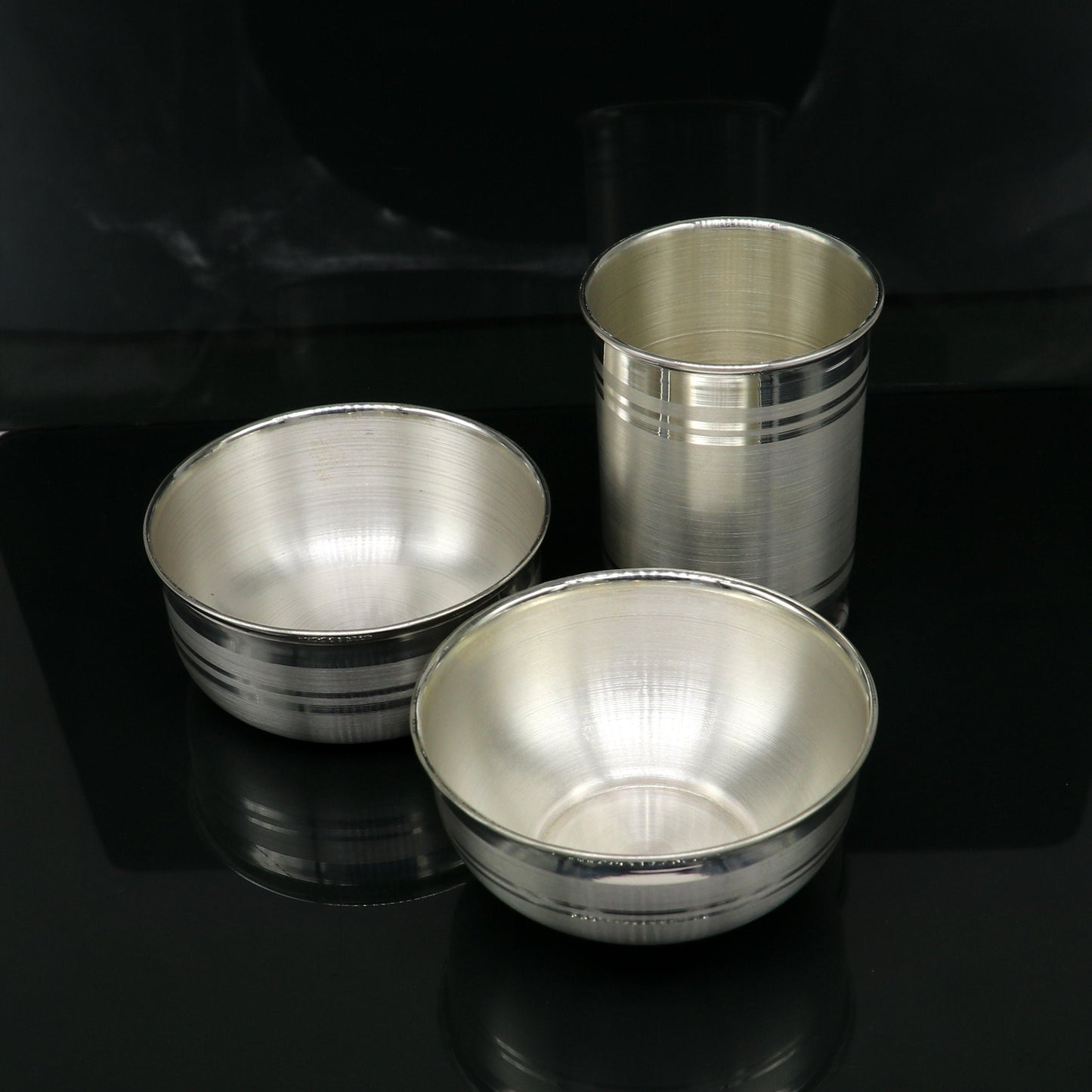 999 pure silver combo of two different design bowl and glass, silver vessel, silver baby utensils, silver puja article, puja utensils sv109 - TRIBAL ORNAMENTS