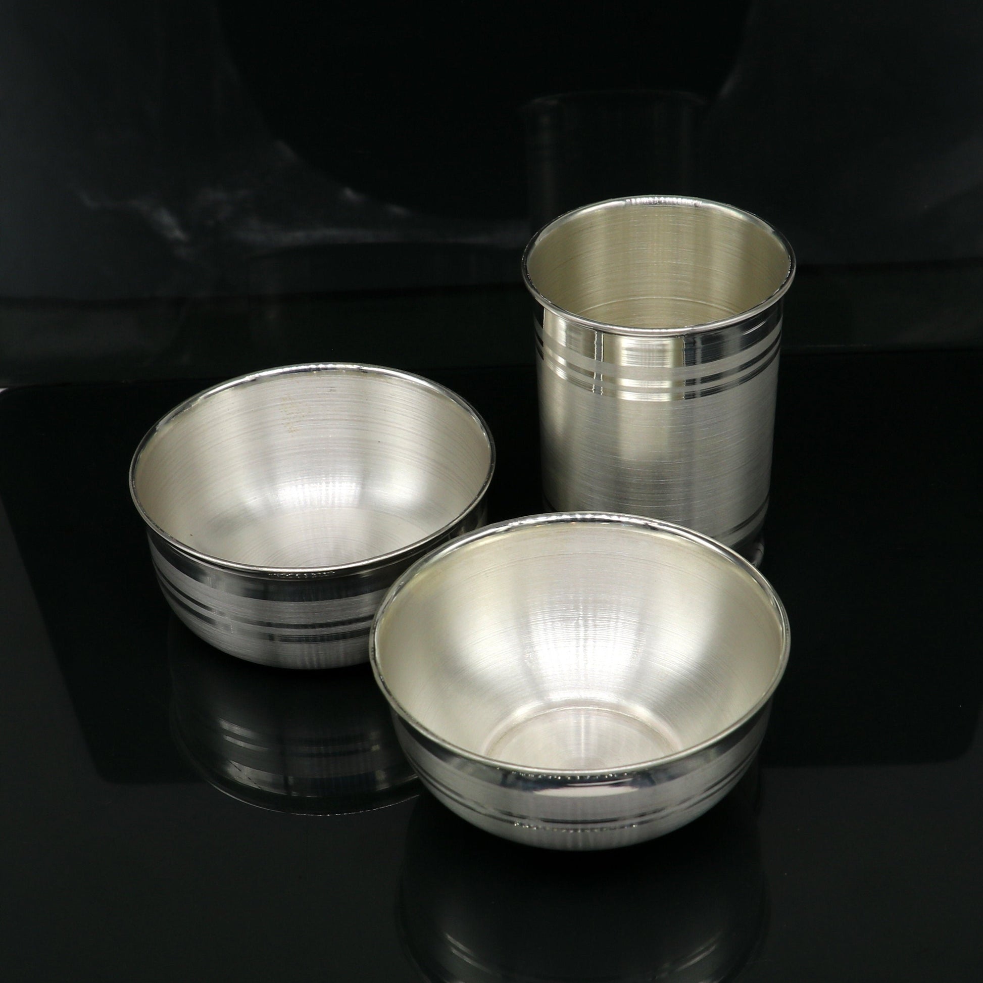 999 pure silver combo of two different design bowl and glass, silver vessel, silver baby utensils, silver puja article, puja utensils sv109 - TRIBAL ORNAMENTS