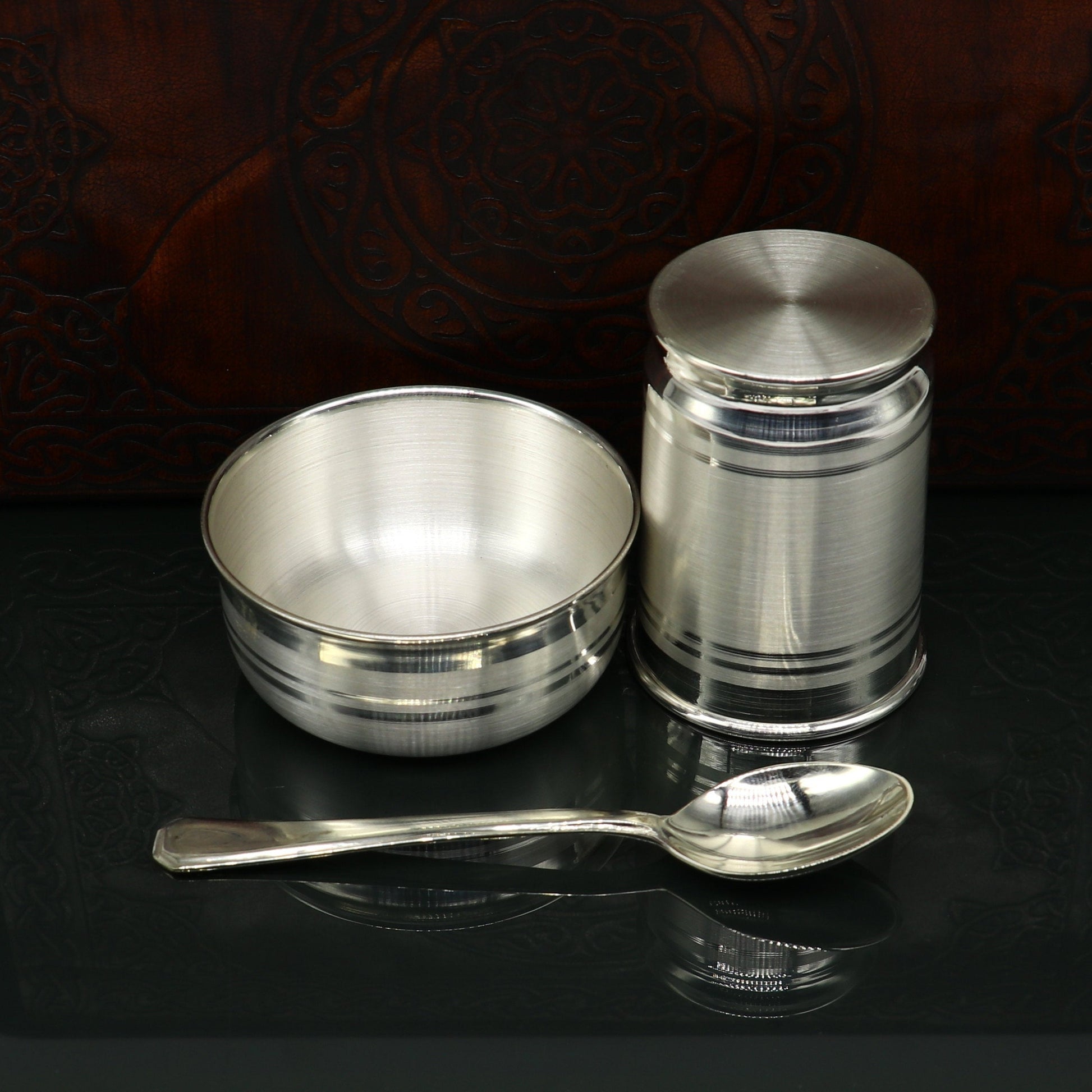 999 pure silver combo bowl and Water/milk tumbler, silver vessel, silver baby utensils, silver puja article, puja gifting utensils sv110 - TRIBAL ORNAMENTS