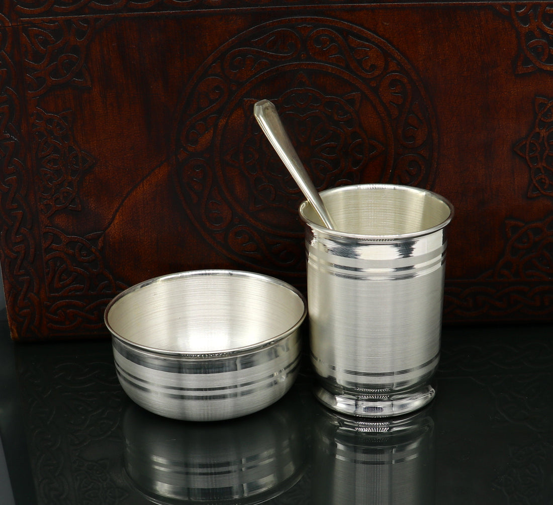 999 pure silver combo bowl and Water/milk tumbler, silver vessel, silver baby utensils, silver puja article, puja gifting utensils sv110 - TRIBAL ORNAMENTS