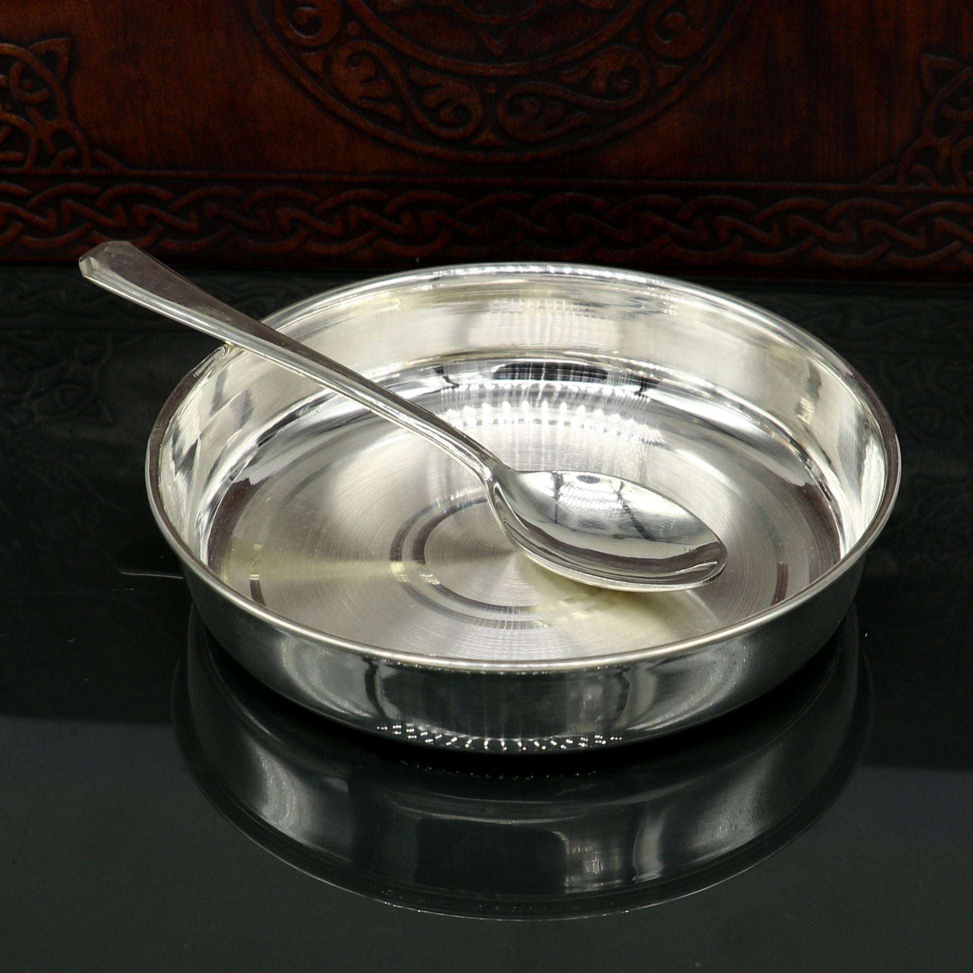999 fine solid silver Tray or plate, silver vessel, silver baby utensils set, silver puja article, gifting utensils from india sv113 - TRIBAL ORNAMENTS