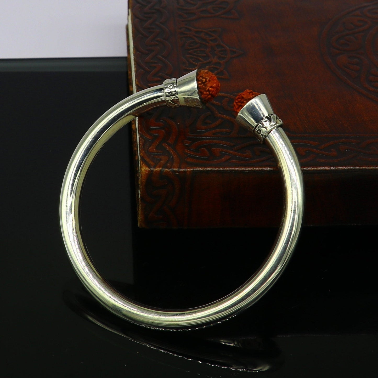 925 sterling silver handmade gorgeous Plain bright stylish kada with rudraksha beads open face kada bracelet jewelry from india nsk81 - TRIBAL ORNAMENTS