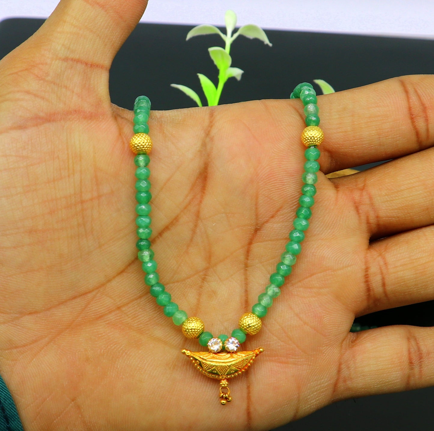 Amazing vintage style 20kt yellow gold amulet pendant with green faceted beaded necklace, fabulous girl's gift fancy tribal jewelry ap03 - TRIBAL ORNAMENTS