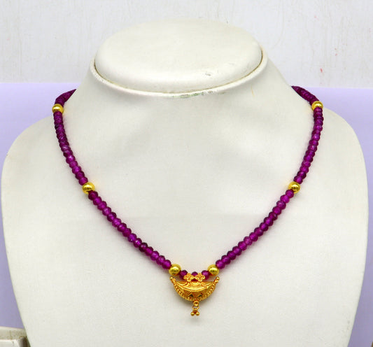 18" purple faceted beaded necklace, 20kt yellow gold amulet stylish pendant, excellent customized brides gift tribal ethnic jewelry ap06 - TRIBAL ORNAMENTS