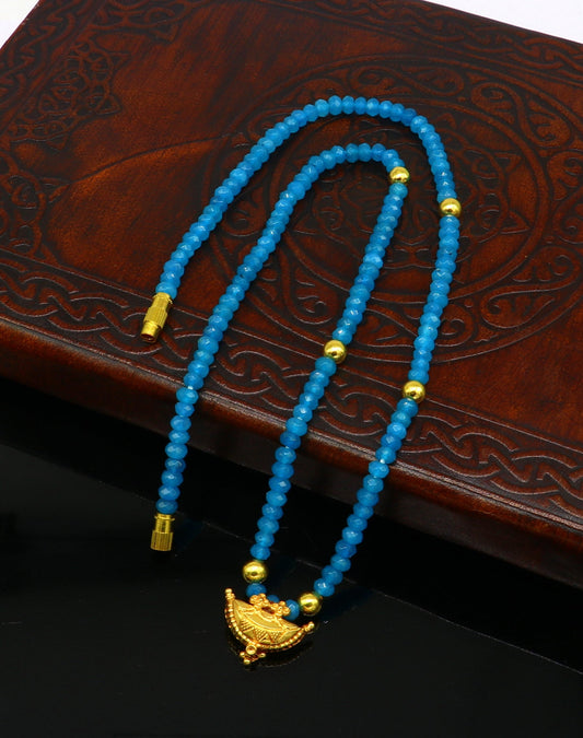 18" faceted blue color beaded necklace, 20kt yellow gold amulet stylish pendant, vintage customized brides gift tribal ethnic jewelry ap07 - TRIBAL ORNAMENTS