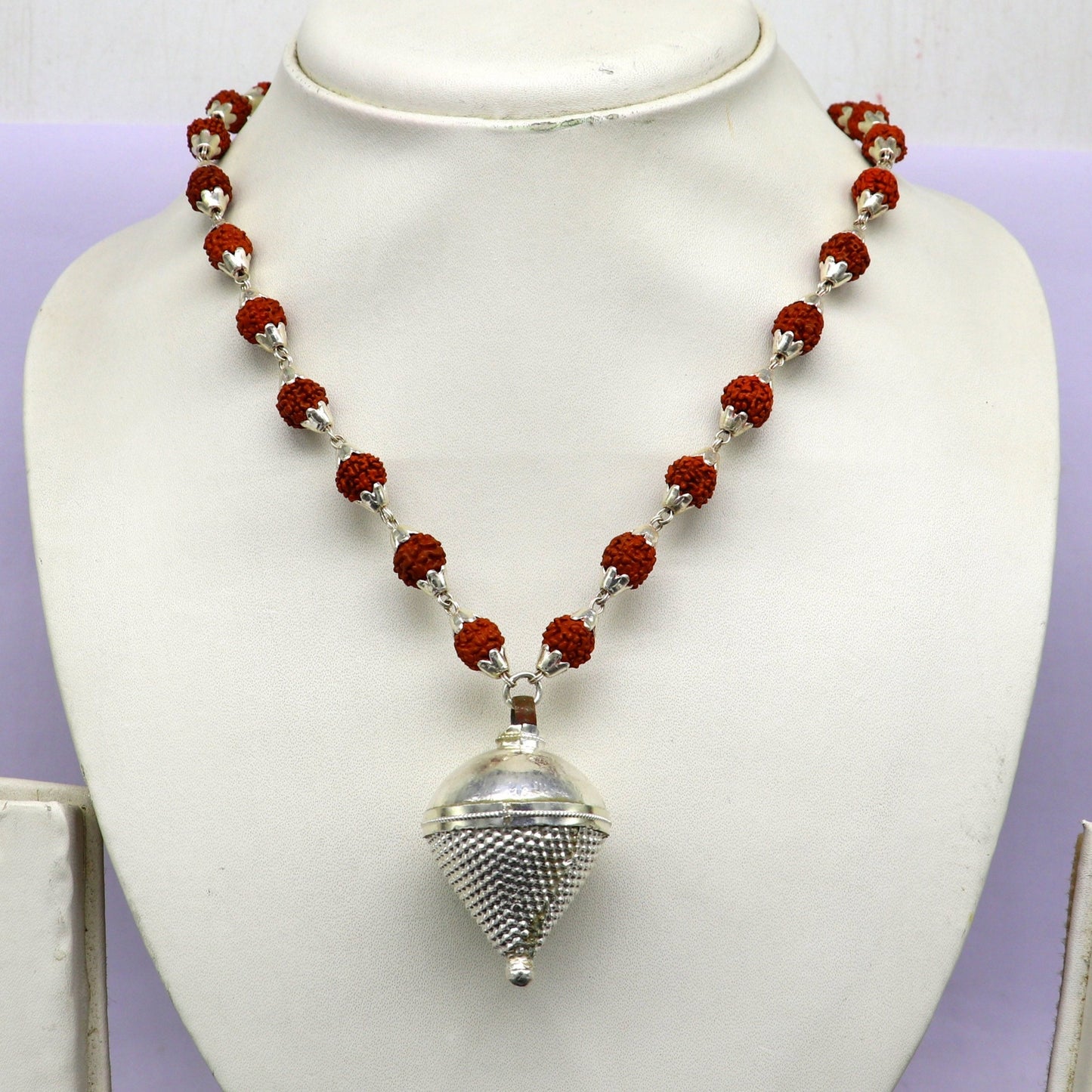 Vintage Sterling silver custom made Rudraksha chain necklace, excellent hanging silver wax ball pendant, unique style gifting jewelry set148 - TRIBAL ORNAMENTS