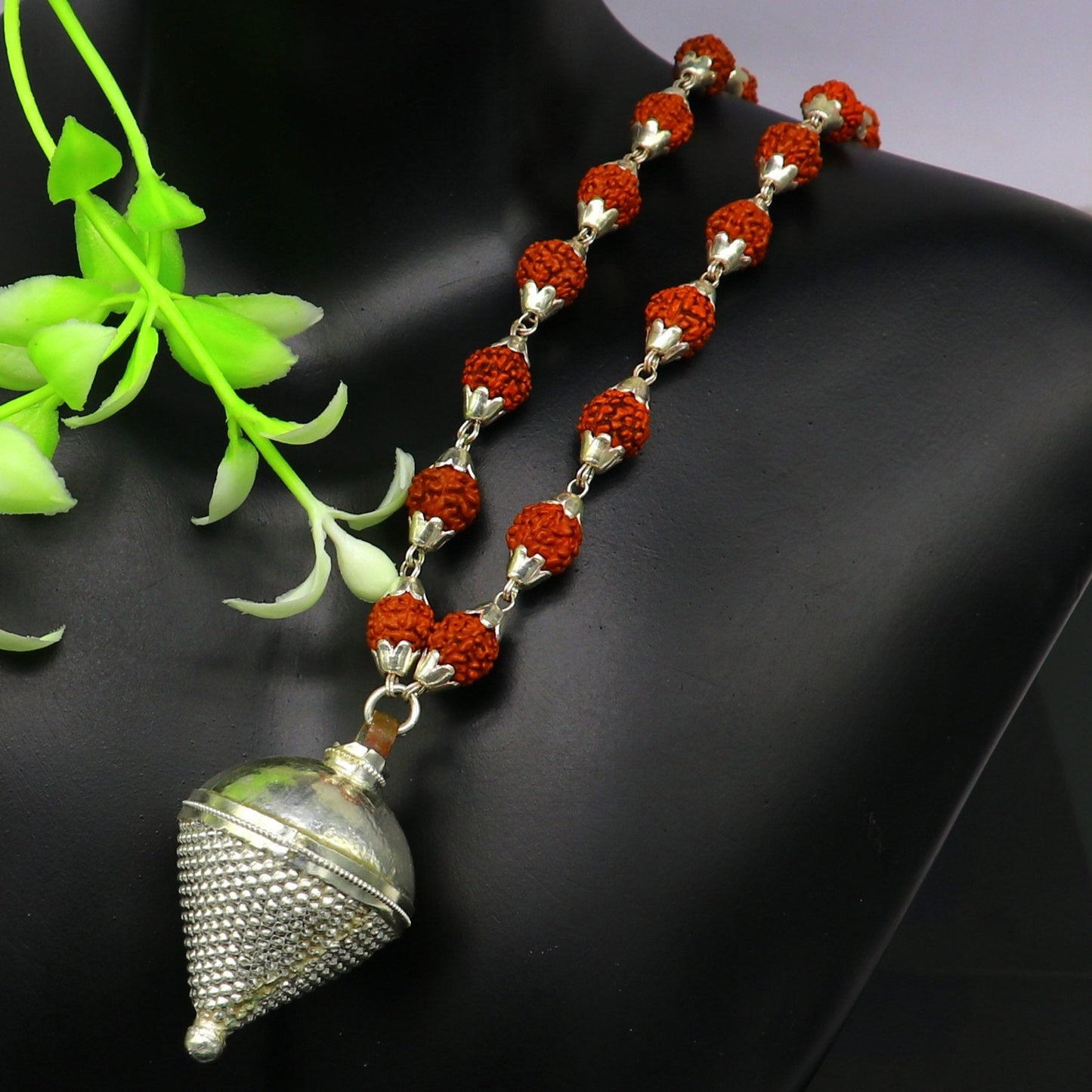 Vintage Sterling silver custom made Rudraksha chain necklace, excellent hanging silver wax ball pendant, unique style gifting jewelry set148 - TRIBAL ORNAMENTS