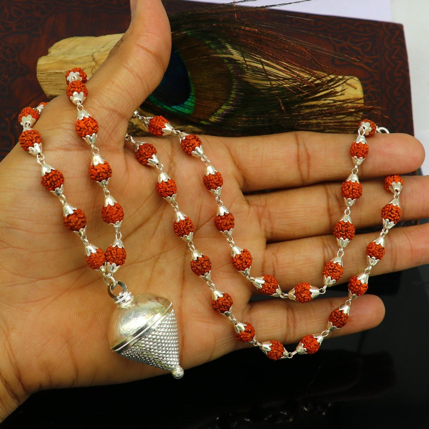 Vintage Sterling silver custom made Rudraksha chain necklace, excellent hanging silver wax ball pendant, unique style gifting jewelry set148 - TRIBAL ORNAMENTS