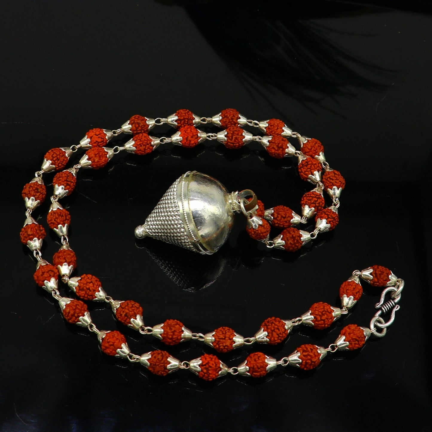 Vintage Sterling silver custom made Rudraksha chain necklace, excellent hanging silver wax ball pendant, unique style gifting jewelry set148 - TRIBAL ORNAMENTS