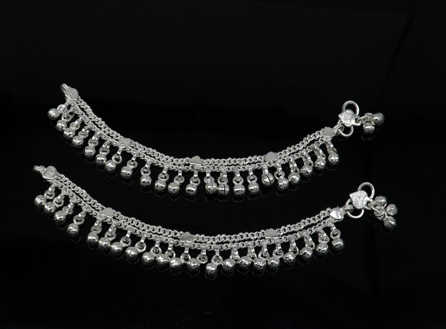 Solid pure silver handmade flexible chain anklets, new born baby anklet with noisy hanging jingle bells, best gift for kids jewelry ank372 - TRIBAL ORNAMENTS