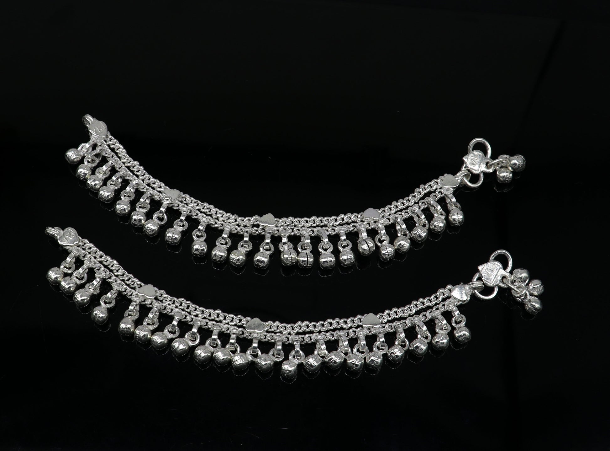 Solid pure silver handmade flexible chain anklets, new born baby anklet with noisy hanging jingle bells, best gift for kids jewelry ank372 - TRIBAL ORNAMENTS