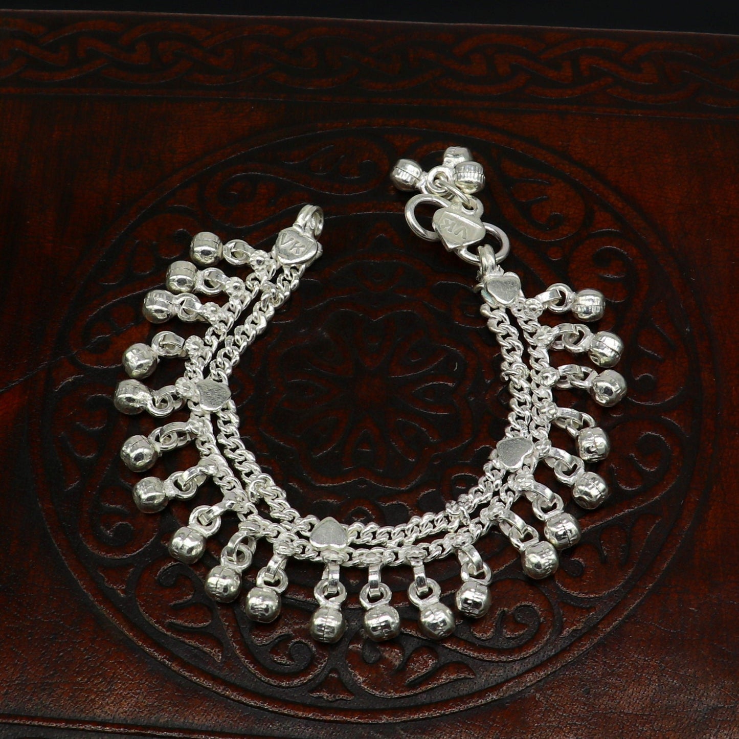 Solid pure silver handmade flexible chain anklets, new born baby anklet with noisy hanging jingle bells, best gift for kids jewelry ank372 - TRIBAL ORNAMENTS