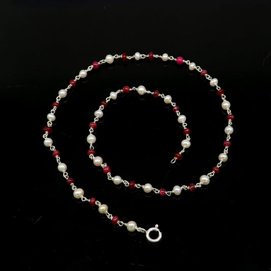 Elegant pearl and red stone custom made 925 sterling silver 16" long beaded necklace, gorgeous girl's women's daily use best gifting ch100 - TRIBAL ORNAMENTS