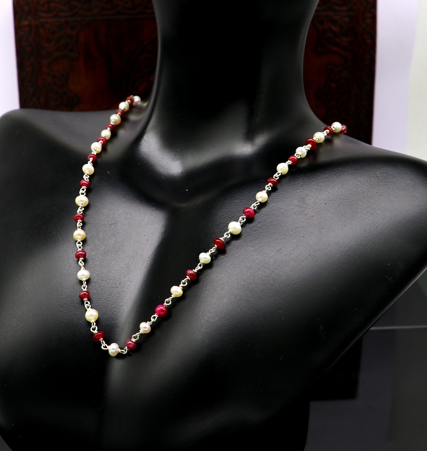 Elegant pearl and red stone custom made 925 sterling silver 16" long beaded necklace, gorgeous girl's women's daily use best gifting ch100 - TRIBAL ORNAMENTS