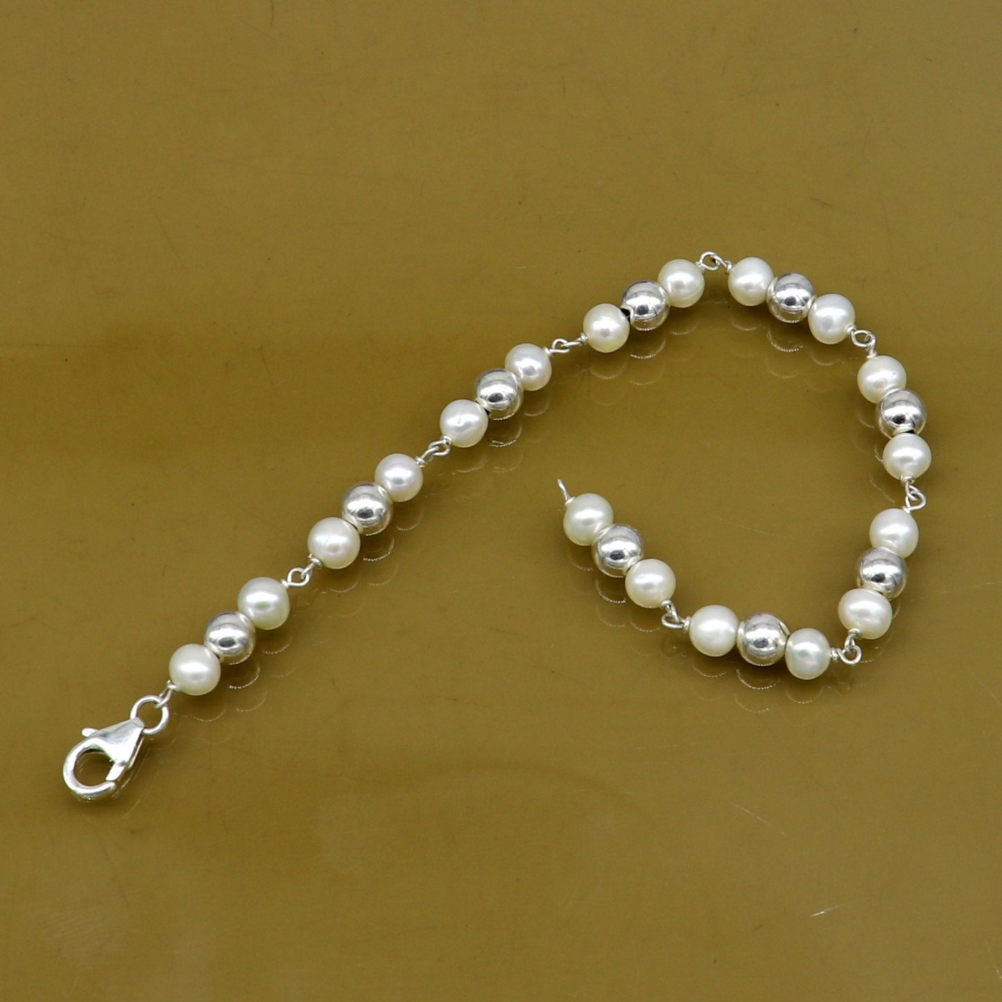 925 sterling silver handmade 5.5 mm round beads balls pearl bracelet, fabulous customized 7.5"long beaded bracelet stylish gift sbr212 - TRIBAL ORNAMENTS