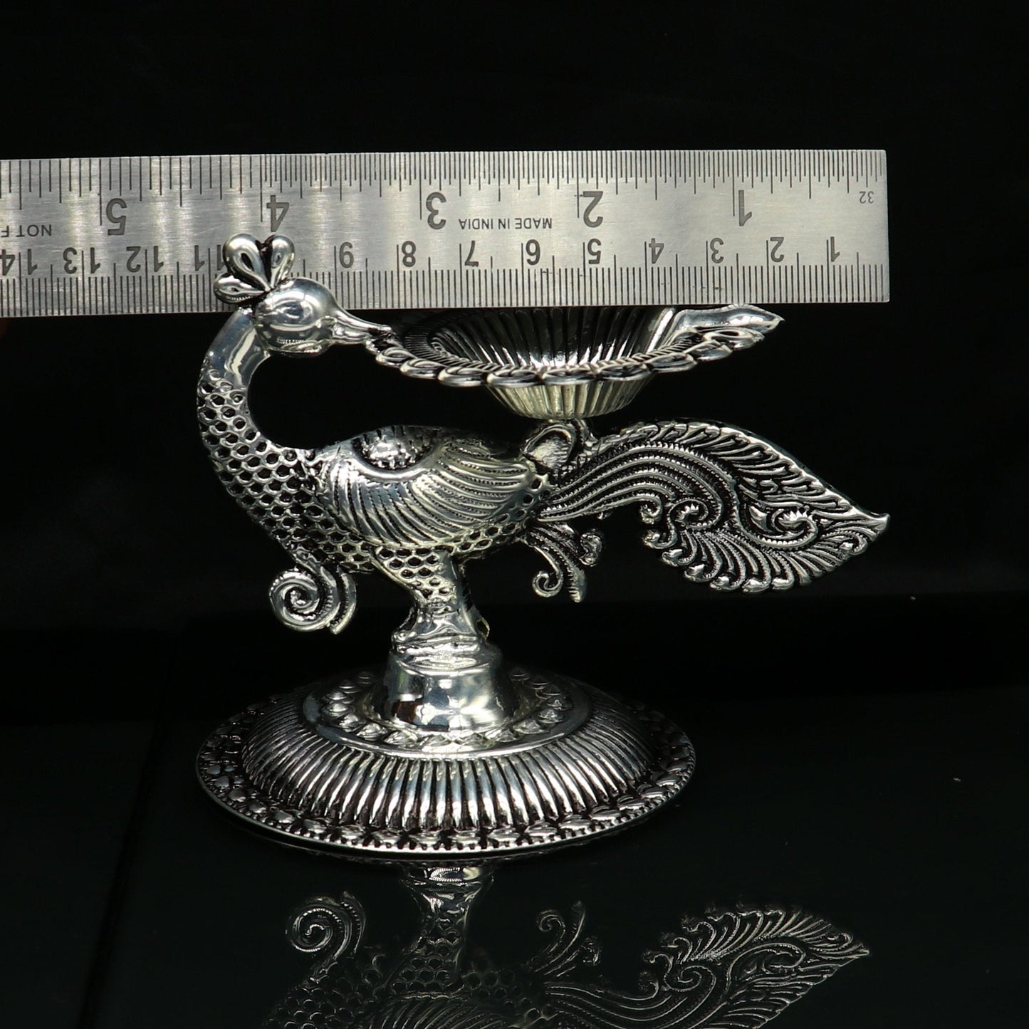 925 Sterling silver customized kandrai/chitai work vintage peacock design oil lamp, silver deepak, silver diya, silver articles su86 - TRIBAL ORNAMENTS
