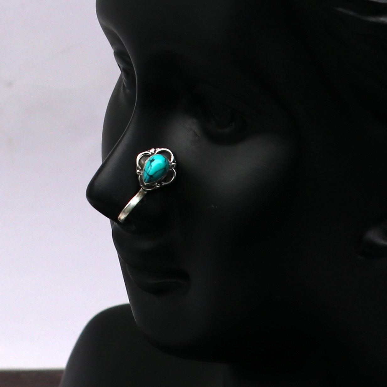 Vintage antique design 925 sterling silver customized single stone oxidized nose pin, nose plug, clip on nose pin, fabulous party wear np107 - TRIBAL ORNAMENTS
