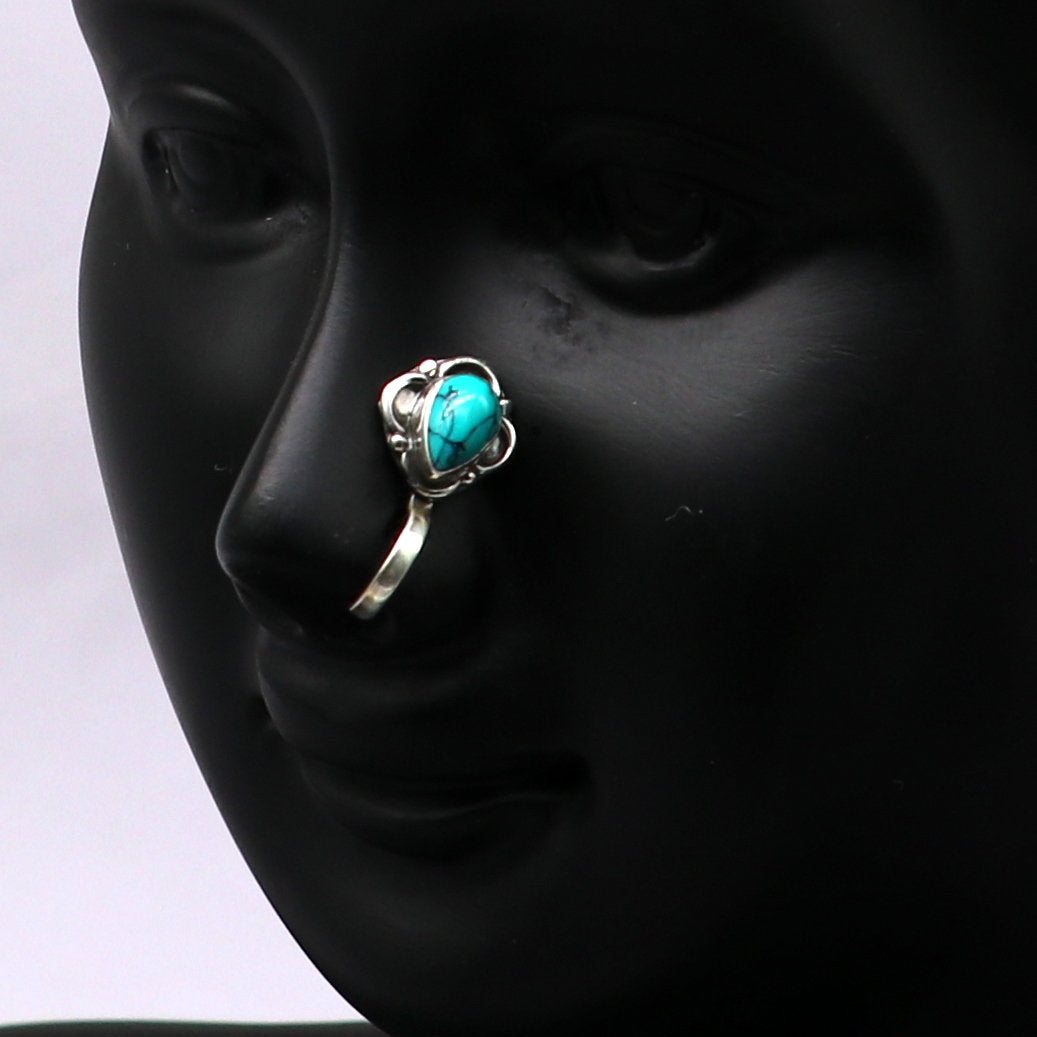 Vintage antique design 925 sterling silver customized single stone oxidized nose pin, nose plug, clip on nose pin, fabulous party wear np107 - TRIBAL ORNAMENTS