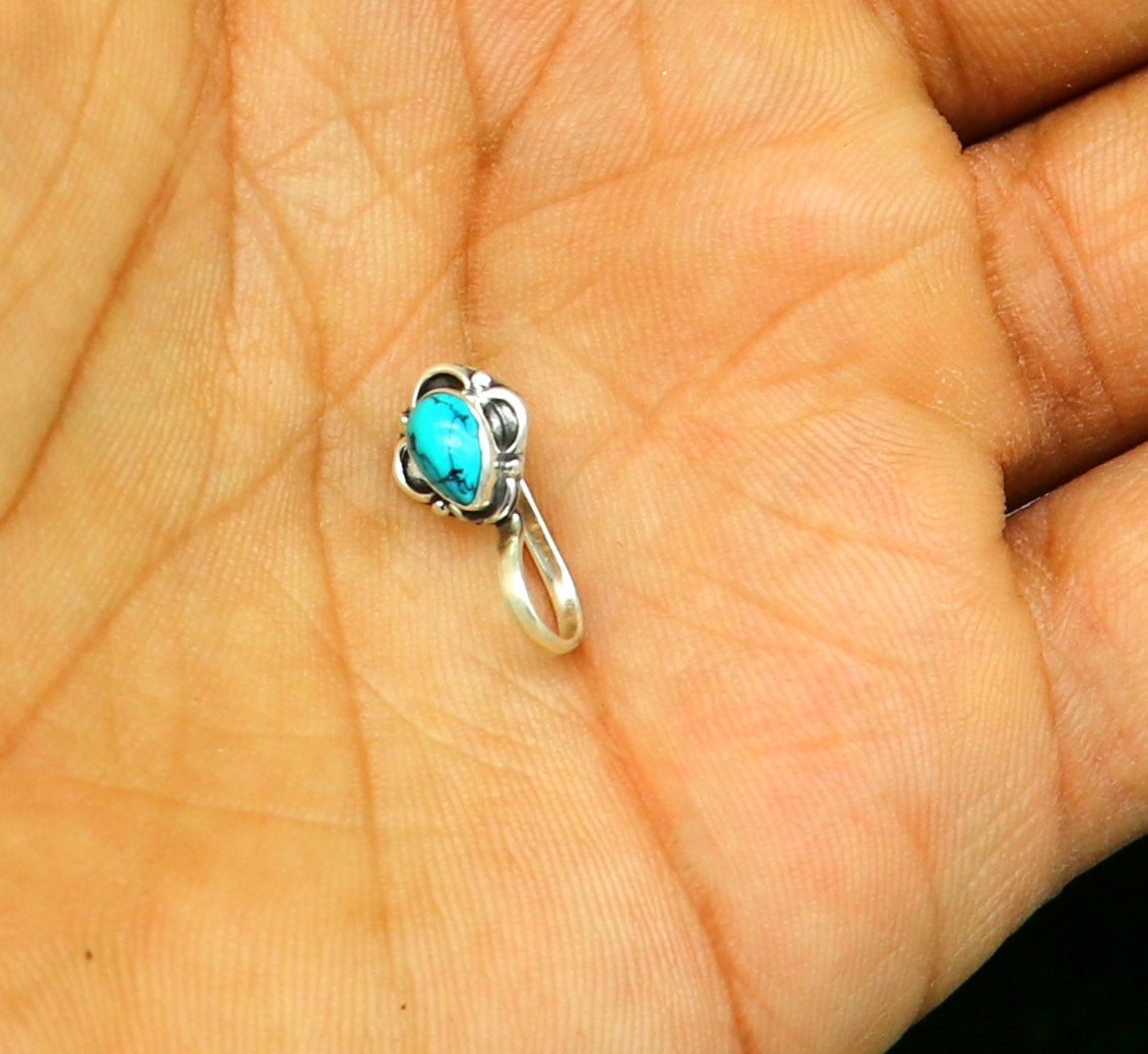 Vintage antique design 925 sterling silver customized single stone oxidized nose pin, nose plug, clip on nose pin, fabulous party wear np107 - TRIBAL ORNAMENTS