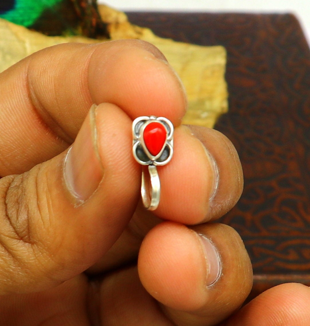 Modern trendy stylish 925 sterling silver customized single coral nose pin, best gift nose plug, clip-on nose pin, fabulous party wear np109 - TRIBAL ORNAMENTS