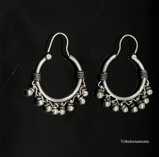 Vintage antique design handmade 925 sterling silver gorgeous hoops boho earrings bali with hanging drop bells tribal Banjara jewelry s897 - TRIBAL ORNAMENTS