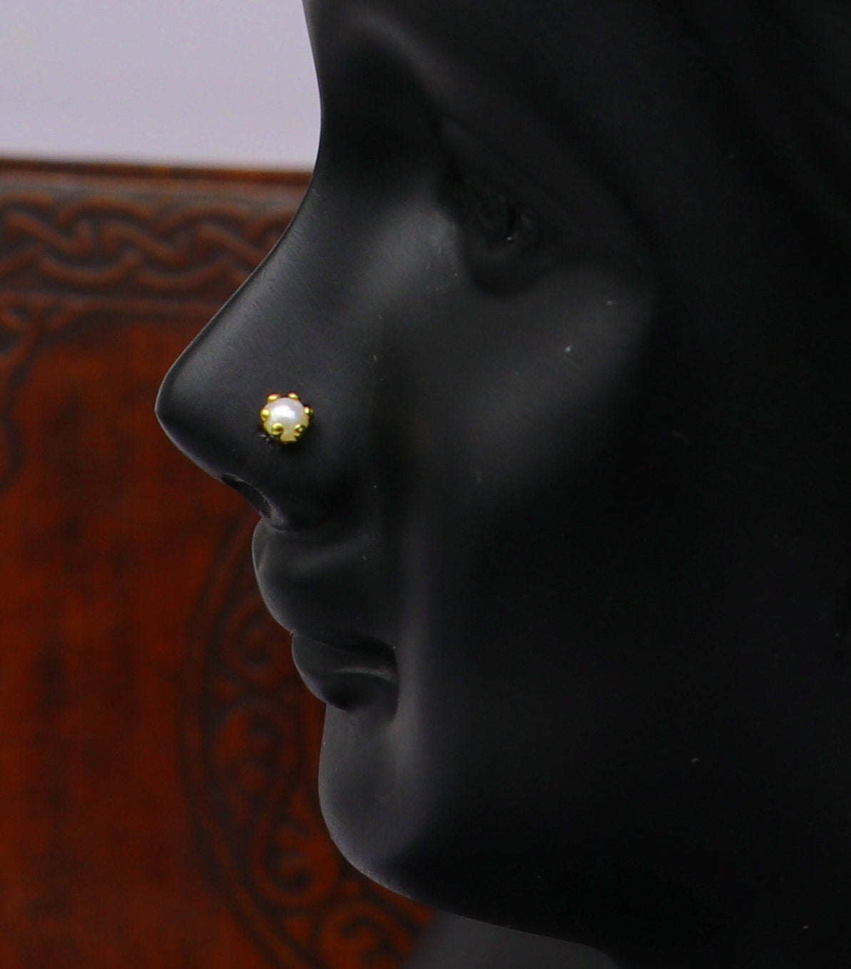 18 kt yellow fine gold customized nose pin, excellent single stone pearl nose pin, best gifting real gold jewelry for girl's women's gnp36 - TRIBAL ORNAMENTS