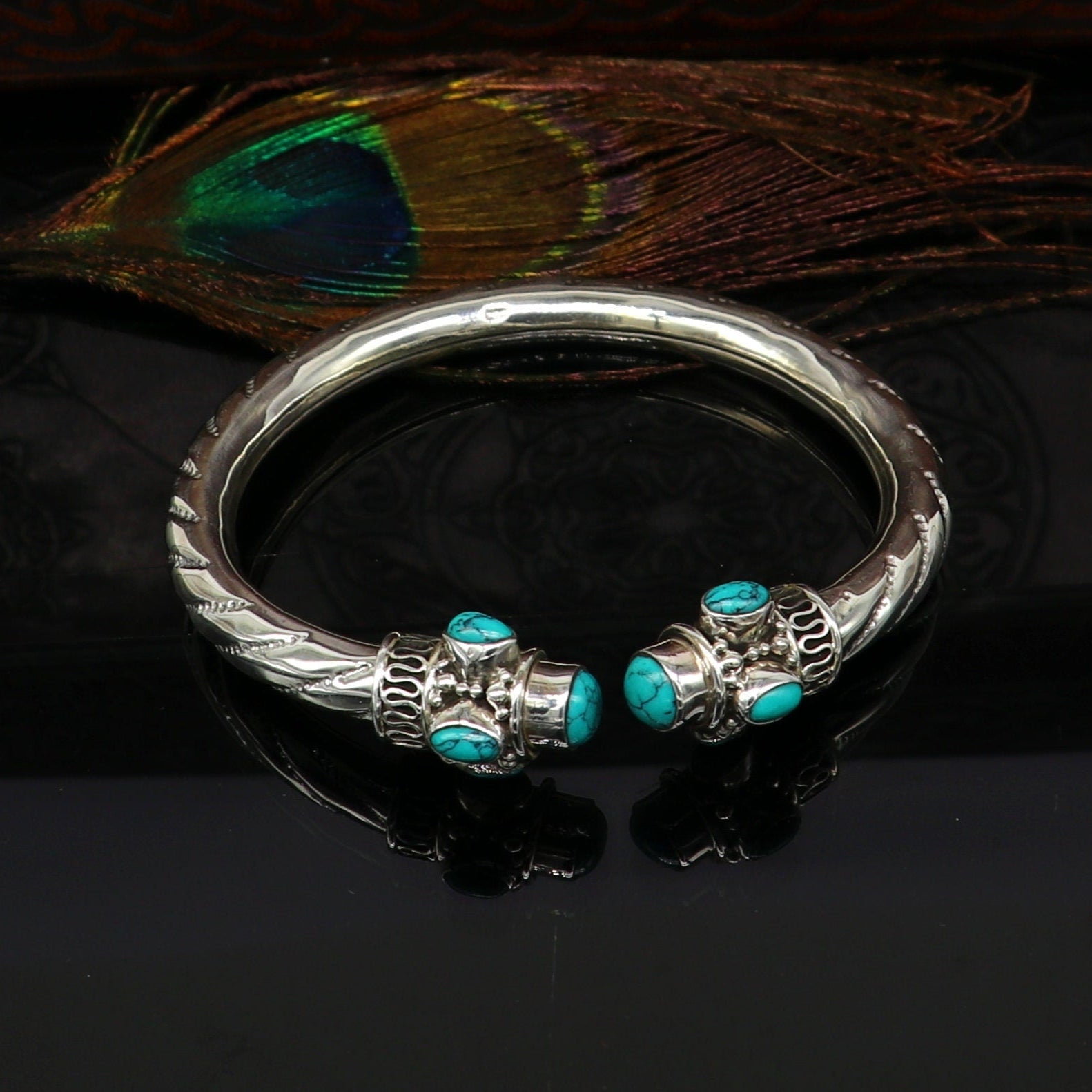 925 sterling silver customized flexible bangle bracelet, unique stylish best gifting bangle, fabulous blue turquoise stone jewelry nssk315 - TRIBAL ORNAMENTS